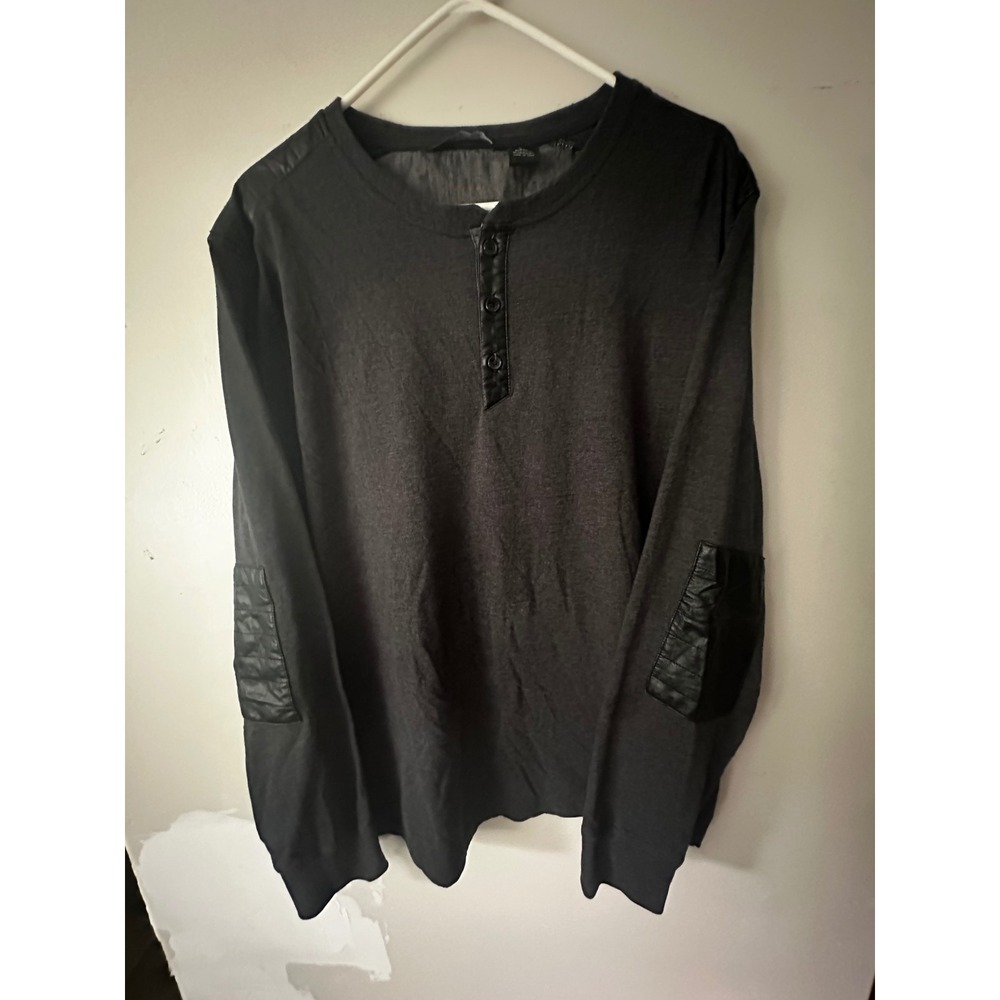 Sean John Mens 2XL Charcoal Gray Henley Faux Leather Elbow Patch Long Sleeve Top